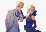  1boy 1girl ahoge artoria_pendragon_(all) bangs bare_shoulders black_gloves blonde_hair blue_dress blue_ribbon braid breasts buttons cleavage closed_mouth collarbone commentary cross dress elbow_gloves excalibur expressionless eyebrows_visible_through_hair fate/grand_order fate/prototype fate/stay_night fate_(series) formal french_braid gloves green_eyes grey_background hair_between_eyes hair_ribbon halterneck hanato_(seonoaiko) hand_holding hand_in_pocket hand_kiss hand_on_hilt jacket kiss latin_cross long_sleeves looking_at_viewer looking_to_the_side necktie open_clothes open_jacket pants purple_neckwear ribbon saber saber_(fate/prototype) shade shiny shiny_hair shirt short_hair sidelocks simple_background sleeveless sleeveless_dress small_breasts standing suit sword tie_clip twitter_username waistcoat weapon white_pants white_shirt white_suit 