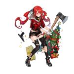  1girl axe blush cz-75 cz-75_(girls_frontline) girls_frontline gloves gun handgun infukun jacket jewelry long_hair looking_at_viewer necklace official_art pistol red_eyes redhead shell_casing shorts thigh-highs tree twintails weapon wide-eyed 