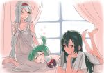  barefoot chibi curtains hair_ribbon kantai_collection lingerie long_hair multiple_girls negligee nightgown on_bed pajamas pillow ribbon sensen shoukaku_(kantai_collection) twintails underwear white_ribbon window zuikaku_(kantai_collection) 