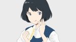  1girl :q bangs black_hair blue_vest collared_shirt commentary_request fingernails food grey_background grey_eyes gumi. hand_up holding holding_food looking_at_viewer original sandwich shirt short_hair simple_background tongue tongue_out upper_body vest white_shirt wing_collar 