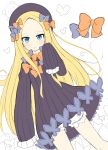  1girl abigail_williams_(fate/grand_order) black_dress blonde_hair bloomers blue_eyes bow dress fate/grand_order fate_(series) hair_bow long_hair looking_at_viewer ominaeshi_(takenoko) orange_bow purple_bow ribbed_dress simple_background sleeves_past_fingers solo underwear very_long_hair white_background 
