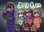  4girls arms_behind_back bangs black_eyes black_gloves black_hair blunt_bangs bound bound_ankles bound_wrists brown_eyes brown_hair chair commentary_request empty_eyes eyebrows_visible_through_hair gloves kobuchizawa_shirase long_hair miyake_hinata multiple_girls open_mouth parody riyo_(lyomsnpmp) rope shiraishi_yuzuki sitting sora_yori_mo_tooi_basho tamaki_mari the_thing translation_request winter_clothes 