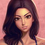  1girl bare_shoulders blurry brown_eyes brown_hair chromatic_aberration collarbone commission dark_skin grin head_tilt lipstick long_hair looking_at_viewer makeup mascara nose original pink_background pink_lipstick portrait signature smile solo spaghetti_strap umigraphics 