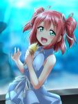  1girl :d aqua_eyes aquarium bangs blue_dress collared_dress commentary_request dress food hair_ribbon hand_on_glass highres holding holding_food ice_cream ice_cream_cone kurosawa_ruby light_blush looking_at_viewer love_live! love_live!_sunshine!! open_mouth redhead ribbon sleeveless sleeveless_dress smile solo two_side_up white_ribbon yopparai_oni 