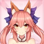  1girl animal_ears bare_shoulders blue_ribbon blush collarbone fate/extra fate_(series) fox_ears hair_ribbon highres looking_at_viewer pink_hair rachione ribbon solo tamamo_(fate)_(all) tamamo_no_mae_(fate) upper_body yellow_eyes 