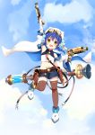  1girl :d antique_firearm arm_up belt belt_buckle blue_hair blue_sky blunderbuss blush brown_legwear buckle chimame_chronicle clouds detached_sleeves dual_wielding firearm firelock flintlock full_body gochuumon_wa_usagi_desu_ka? goggles goggles_on_head gun hat holster jouga_maya joutarou_(vv-kancole) long_hair looking_at_viewer low_twintails midriff navel open_mouth orange_eyes skirt sky smile solo thigh-highs twintails weapon 