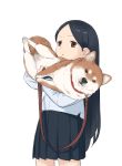  1girl absurdres black_hair brown_eyes collar forehead highres hug japanese_clothes kimono laika_(sputnik2nd) leash long_hair looking_at_viewer parted_lips pleated_skirt shiba_inu simple_background skirt white_background 