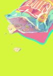  androgynous bag_of_chips chips chisuke food lying on_back original shiny yellow_background 
