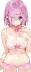 1girl absurdres arm_at_side bare_arms bare_shoulders blush bra breasts cleavage closed_mouth collarbone cowboy_shot eyes_visible_through_hair fate/grand_order fate_(series) front-tie_bra front-tie_top gluteal_fold groin hair_between_eyes hair_ornament hair_over_one_eye hairclip hand_on_own_chest highres kou_mashiro large_breasts lingerie lips looking_at_viewer mash_kyrielight medium_breasts navel neck_ribbon panties pink_bra pink_hair pink_neckwear pink_panties pink_ribbon purple_hair ribbon shiny shiny_hair shiny_skin short_hair shorts simple_background smile solo standing stomach tareme underwear violet_eyes white_background 