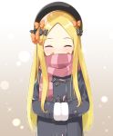  1girl ^_^ abigail_williams_(fate/grand_order) bangs black_bow blonde_hair bow closed_eyes coat covered_mouth eyebrows_visible_through_hair facing_viewer fate/grand_order fate_(series) forehead hair_bow hands_in_sleeves hat long_hair ominaeshi_(takenoko) orange_bow parted_bangs polka_dot polka_dot_bow scarf simple_background solo striped striped_scarf upper_body very_long_hair winter_clothes winter_coat 