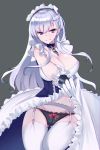  1girl :d apron azur_lane bangs bare_shoulders belfast_(azur_lane) black_panties bow bow_panties braid breasts center_frills chains cleavage collar collarbone corset cowboy_shot dress dress_lift elbow_gloves eyebrows_visible_through_hair flashing french_braid frilled_apron frills garter_straps gloves gluteal_fold grey_background highres large_breasts leg_up lifted_by_self long_hair looking_at_viewer maid maid_apron maid_headdress open_mouth oputon panties red_bow silver_hair simple_background skindentation skirt skirt_hold skirt_lift sleeveless sleeveless_dress smile solo standing standing_on_one_leg thigh-highs underwear very_long_hair violet_eyes white_apron white_dress white_gloves white_legwear 