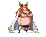  1girl blue_eyes boa_marigold bodskih boots breasts cape cleavage crossed_arms curly_hair epaulettes fat flower hair_flower hair_ornament large_breasts long_hair midriff official_art one_piece orange_hair solo transparent_background 