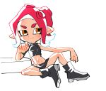  1girl agent_8 asymmetrical_clothes black_footwear black_shirt black_skirt boots brown_eyes crop_top midriff miniskirt octarian shirt simple_background sitting skirt smile solo splatoon splatoon_2 takozonesu tentacle_hair white_background 