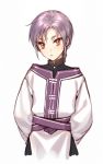  1girl arms_behind_back bangs braid closed_mouth japanese_clothes kangetsu_(fhalei) looking_at_viewer original pelvic_curtain purple_hair red_eyes sash simple_background single_braid solo standing upper_body white_background 