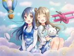  2girls aircraft airplane bangs blue_hair blush closed_eyes commentary_request dress grey_hair hair_between_eyes hair_ornament hairclip highres holding long_hair long_sleeves love_live! love_live!_school_idol_festival love_live!_school_idol_project minami_kotori multiple_girls one_side_up open_mouth short_sleeves sitting skirt smile sonoda_umi stuffed_animal stuffed_toy yellow_eyes 