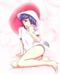  1girl alternate_costume arm_support bare_legs barefoot black_buruma blue_eyes blue_hair buruma commentary_request doremy_sweet dream_soul ear eyelashes full_body gym_uniform hat looking_at_viewer mofupaka nightcap on_bed shirt short_sleeves sitting solo squeezing tail tapir_tail touhou white_shirt yokozuwari 