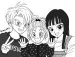  1boy 2girls :d artist_name black_eyes black_hair bra_(dragon_ball) brother_and_sister capsule_corp dragon_ball dragonball_z eyebrows_visible_through_hair greyscale hands_up happy long_hair long_sleeves looking_at_viewer mai_(dragon_ball) monochrome multiple_girls open_mouth overalls ponytail short_hair siblings simple_background smile trunks_(dragon_ball) v white_background 