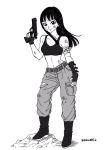  1girl artist_name bandage belt black_eyes black_hair boots bra dirty dirty_clothes dirty_face dragon_ball fingerless_gloves fingernails gloves gun happy long_hair looking_at_viewer mai_(dragon_ball) monochrome pants simple_background smile solo_focus sports_bra standing underwear weapon white_background 