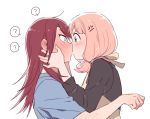  2girls ? anger_vein angry bang_dream! black_shirt blue_shirt blush clenched_hand earrings from_side full-face_blush green_eyes hands_on_another&#039;s_face jewelry kiss long_hair long_sleeves low_twintails medium_hair multiple_girls pink_hair re_ghotion redhead shirt short_sleeves simple_background spoken_question_mark twintails udagawa_tomoe uehara_himari upper_body v-shaped_eyebrows white_background wide-eyed yuri 