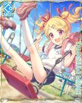  1girl backpack bag blonde_hair card_(medium) child clock cygames floral_print gym_uniform hair_ribbon official_art princess_connect! randoseru ribbon swing_set swinging tamaizumi_misaki two_side_up 