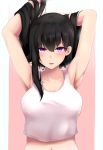  1girl absurdres adjusting_hair armpits arms_behind_head bangs black_hair blush breasts collarbone crop_top eyebrows_visible_through_hair highres large_breasts long_hair looking_at_viewer navel original parted_lips pink_background shirt solo tank_top upper_body violet_eyes white_shirt yukikiri 