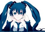 1girl aqua_eyes aqua_hair bent_elbows blue_eyes blush commentary_request detached_sleeves hair_ornament hands_on_own_face hatsune_miku ikurauni looking_at_viewer smile solo twintails upper_body vocaloid white_background 