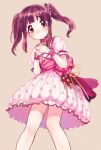  1girl amezawa_koma blush bow brown_eyes brown_hair choker dress eyebrows_visible_through_hair feet_out_of_frame hands_on_own_chest idolmaster idolmaster_cinderella_girls jewelry long_hair looking_at_viewer ogata_chieri own_hands_together pendant pink_bow pink_dress polka_dot polka_dot_dress puffy_short_sleeves puffy_sleeves short_sleeves sidelocks simple_background solo twintails wristband 