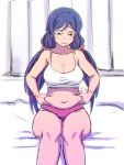  1girl belly_grab breasts large_breasts long_hair love_live! love_live!_school_idol_project low_twintails othel_(hatimorris) panties plump purple_hair scrunchie sitting solo tank_top toujou_nozomi twintails underwear weight_conscious 
