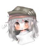  1girl bangs bare_shoulders blush brown_eyes character_name chibi cottontailtokki drooling frilled_pillow frills g11_(girls_frontline) girls_frontline green_hat hair_between_eyes hat holding holding_pillow long_hair looking_at_viewer lowres off_shoulder parted_lips pillow shirt silver_hair simple_background solo very_long_hair white_background white_shirt 