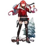  1girl axe cz-75 cz-75_(girls_frontline) girls_frontline gloves gun handgun infukun jacket jewelry long_hair looking_at_viewer looking_down necklace official_art pistol red_eyes redhead scowl shorts thigh-highs tree trigger_discipline twintails weapon 