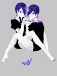  amethyst_(houseki_no_kuni) androgynous barefoot braid gem gem_uniform_(houseki_no_kuni) hair_over_one_eye hand_holding highres houseki_no_kuni interlocked_fingers looking_at_viewer necktie purple_hair siblings sitting sitting_on_lap sitting_on_person twins violet_eyes 