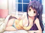  1girl aqua_panties arm_support bed bed_sheet blanket blush breasts brown_eyes cleavage collarbone commentary curtains indoors large_breasts long_hair looking_at_viewer lowleg lowleg_panties lying on_bed on_side original panties pasdar pillow purple_hair solo under_covers underwear underwear_only window 