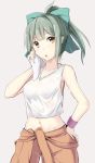  1girl :o aqua_bow bangs blunt_bangs blush bow breasts brown_eyes clothes_around_waist collarbone cowboy_shot drying eyebrows_visible_through_hair gin&#039;ichi_(akacia) green_hair grey_background hair_bow hand_on_hip highres kantai_collection looking_at_viewer medium_breasts navel open_mouth orange_pants ponytail see-through short_hair simple_background sleeveless solo standing stomach sweat sweatband sweating towel wet wet_clothes white_tank_top wiping_sweat yuubari_(kantai_collection) 