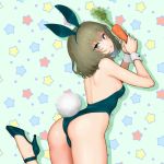  1girl animal_ears aqua_background ass back bangs bare_arms bare_shoulders bunny_tail bunnysuit carrot eyebrows_visible_through_hair fake_animal_ears fake_tail food from_behind green_eyes green_footwear green_hair green_hairband green_leotard heterochromia high_heels holding holding_food idolmaster idolmaster_cinderella_girls leg_up leotard looking_at_viewer looking_back medium_hair parted_lips shoukaki_(earthean) shoulder_blades smile solo standing standing_on_one_leg star starry_background tail takagaki_kaede thighs two-handed vegetable wrist_cuffs 
