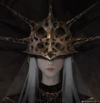  1boy androgynous artist_name closed_mouth covered_eyes dark_souls dark_sun_gwyndolin facing_viewer grey_background helmet highres long_hair male_focus patreon_username pink_lips portrait solo souls_(from_software) spikes white_hair wlop 