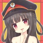  1girl :d bangs black_hair black_hat blunt_bangs blush collarbone commentary_request eyebrows_visible_through_hair finger_to_mouth fingernails hachiroku_(maitetsu) hair_rings hat head_tilt long_hair maitetsu nude open_mouth peaked_cap red_eyes smile solo sunameri_(pixiv3564245) 