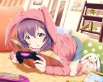  1girl :o :x absurdres animal_hood bangs blue_eyes blue_shorts blush book bunny_hood carpet character_request commentary_request controller curtains door dualshock dutch_angle figure flower_pot foreshortening full_body game_controller gamepad glint handheld_game_console highres holding hood hood_up hoodie idolmaster idolmaster_cinderella_girls indoors long_sleeves nintendo_ds on_floor open_mouth pillow pink_legwear plant playing_games playstation_vita polka_dot poster_(object) potted_plant purple_hair shelf shiny shiny_hair shiokazunoko short_hair shorts socks solo sony stuffed_animal stuffed_bunny stuffed_toy 