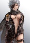  1girl black_gloves breasts breasts_apart brown_eyes center_opening cloak cowboy_shot elbow_gloves eyepatch fingerless_gloves gloves granblue_fantasy grey_background highres holding holding_weapon jewelry knife looking_at_viewer medium_breasts navel necklace pendant short_hair sidehiwinder silver_hair solo tanya_(granblue_fantasy) thigh_strap weapon 