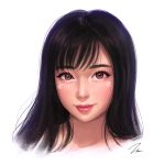  1girl asian bangs black_hair brown_eyes closed_mouth collarbone eyeliner face facial_mark hexagram lipstick long_hair looking_at_viewer makeup mascara nose padawanclaudia pink_lipstick portrait real_life signature simple_background smile solo umigraphics white_background 