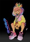  1girl 2gold cephalopod_eyes chain_necklace crown full_body grin hime_(splatoon) hood hood_down hoodie jewelry mole mole_under_mouth octarian ring shoes sitting smile sneakers solo splatoon splatoon_2 splatoon_2:_octo_expansion yellow_eyes 