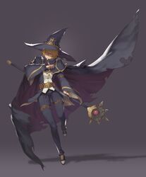  1boy absurdres belt blonde_hair cape commentary hat highres male_focus original simple_background solo sseli staff wide_sleeves witch_hat wizard 