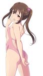  1girl ass back backless_outfit blush brown_hair covering covering_ass covering_mouth flat_chest hair_bobbles hair_ornament highres kurosa_kichi long_hair looking_at_viewer one-piece_swimsuit parted_lips photokano pink_swimsuit sakura_mai_(photokano) seductive_smile simple_background smile solo swimsuit twintails white_background 