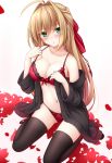  1girl ahoge black_legwear blonde_hair blush bra breasts cleavage commentary_request embarrassed fate/extra fate_(series) green_eyes hair_down highres long_hair looking_to_the_side medium_breasts nero_claudius_(fate) nero_claudius_(fate)_(all) panties red_bra red_panties sitting solo thigh-highs underwear wariza yoye_(pastel_white) 