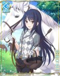  1girl black_hair card_(medium) cygames dress_shirt gloves horse long_hair official_art pants princess_connect! riding_crop shijou_rei shirt violet_eyes 