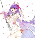  1girl bb_(fate/extra_ccc) breasts cleavage eyebrows_visible_through_hair fate/extra fate/extra_ccc fate/grand_order fate_(series) hair_ribbon hat large_breasts long_hair looking_at_viewer nurse nurse_cap one_eye_closed oversized_object panties panty_peek petals purple_hair red_panties ribbon side-tie_panties smile solo syringe thigh_strap underwear usagiofshintaro very_long_hair violet_eyes wrist_cuffs 