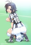  1girl antenna_hair armband ass ball black_hair cleats clothes_writing color_connection from_behind highres idolmaster idolmaster_(classic) inoue_sora italian juventus_fc kikuchi_makoto kneehighs looking_at_viewer looking_back nike pantylines serie_a short_hair shorts signature sitting sitting_on_object soccer soccer_ball soccer_field soccer_uniform socks solo sportswear squatting twitter_username violet_eyes wristband 