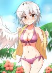  1girl blue_sky blush closed_mouth commentary feathered_wings flower highres hood hooded_jacket jacket kishin_sagume looking_at_viewer mega_yukke orange_eyes purple_swimsuit removing_jacket short_hair silver_hair single_wing sky solo swimsuit touhou tree_branch wings yellow_eyes yellow_jacket 