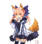  1girl alternate_costume animal_ears asagiri_asagi asagiri_asagi_(cosplay) belt blue_ribbon brown_eyes coat commentary_request cosplay crestquest disgaea fang fate/extra fate_(series) fox_ears fox_tail fur-trimmed_hood fur-trimmed_sleeves fur_coat fur_trim hair_between_eyes hair_ribbon highres long_sleeves looking_at_viewer nippon_ichi open_mouth pink_hair ribbon signature simple_background solo tail tamamo_(fate)_(all) tamamo_no_mae_(fate) thigh-highs white_background zettai_ryouiki 