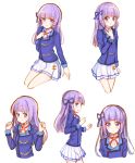  1girl :o aikatsu! bangs blue_jacket blue_ribbon blush closed_mouth eyebrows_visible_through_hair hair_ribbon hands_up hikami_sumire jacket long_sleeves looking_at_viewer makiaato multiple_views parted_lips pleated_skirt profile purple_hair ribbon school_uniform shirt simple_background sketch skirt smile starlight_academy_uniform violet_eyes white_background white_shirt white_skirt 