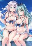  2girls :d :o absurdres aqua_eyes aqua_hair armlet bare_legs bare_shoulders bikini bikini_skirt black_ribbon blue_bow blue_eyes blue_sky blush bow braid breasts chiyingzai cleavage clouds collarbone criss-cross_halter day eyebrows_visible_through_hair hair_ornament hair_ribbon hairclip halterneck highres kantai_collection large_breasts light_rays long_hair looking_at_viewer multiple_girls navel open_mouth outdoors ribbon sarong scan see-through shiny shiny_skin silver_hair sitting sky smile stomach sunbeam sunlight swimsuit tareme twin_braids umikaze_(kantai_collection) very_long_hair yamakaze_(kantai_collection) 